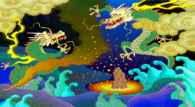 Dragons flying among clouds above ocean waves